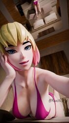 alternate_version_available bed bedroom bikini bikini_bottom bikini_top clothed clothed_female clothing female female_only fortnite gwen_poole gwenpool gwenpool_(fortnite) hand_on_head looking_at_viewer marvel marvel_comics mirror mirror_reflection mirror_selfie multicolored_hair raxinsfw smile smiling smiling_at_viewer solo solo_female