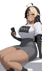 black_eyes black_hair blonde_hair dark_skin fingerless_gloves holding_object japanese_text knightnyan looking_at_viewer multicolored_hair phone shazimei shirt shoes sitting skirt smile socks white_background youtuber