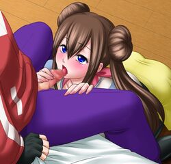 blue_eyes brown_hair censored clothed_sex female fingerless_gloves grabbing_sheets hair_bun hugh_(pokemon) hyoukai hyuu_(pokemon) imminent_oral kneeling licking_penis male male/female oral oral_sex pokemon pokemon_bw2 rosa_(pokemon) straight tongue tongue_out