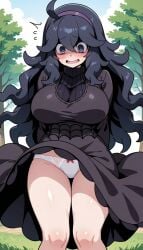 ai_generated artist_request bare_thighs big_breasts blush dress_lift embarrassed game_freak hairband hex_maniac huge_breasts huge_thighs light-skinned_female light_skin long_dress long_hair massive_breasts nintendo npc_trainer panties pantyhose pokemon pokemon_xy purple_eyes purple_hair solo_female squatting sweat sweatdrop thick_body thick_female thick_thighs thighs very_long_hair voluptuous voluptuous_female wind_lift