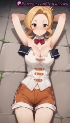 1girls ai_generated anime anime_style armpit armpits arms_behind_head arms_up bangs bare_shoulders blonde_hair blush bow bowtie breasts brown_eyes brown_shorts bust busty cleavage closed_mouth collar cowboy_shot detached_collar female female_focus female_only folded_ponytail forehead hentai kono_subarashii_sekai_ni_shukufuku_wo! large_breasts looking_at_viewer luna_(konosuba) lying natsuyoru nose_blush on_back orange_shorts parted_lips red_bow red_bowtie ribbon shirt short_hair short_shorts shorts solo solo_female strapless strapless_shirt thigh_gap thighs voluptuous voluptuous_female white_shirt