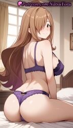 1girls ahoge ai_generated anime anime_style ass back bangs bare_shoulders bed big_ass blush bra breasts brown_eyes brown_hair bust busty closed_mouth curtains female female_focus female_only from_behind hair_over_one_eye hentai indoors juicy_butt kono_subarashii_sekai_ni_shukufuku_wo! lamp large_breasts lingerie long_hair looking_at_viewer looking_back natsuyoru on_bed oshiri panties pantsu pillow purple_bra purple_panties shoulder_blades sitting smile solo solo_female strap_gap thighs thong underwear underwear_only voluptuous voluptuous_female window wiz_(konosuba)