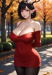 ai_generated antlers black_hair cute elf elf_ears female provocative_pose red_eyes seductive seductive_expression short_hair suggestive sultry teasing usebackdooronly