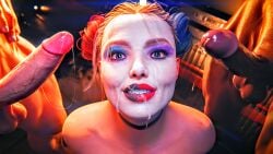 1girls 2boys choker cock completely_nude cum cum_drip cum_dripping cum_dripping_down_chin cum_on_face dark-skinned_male eye_contact harley_quinn harley_quinn_(suicide_squad_game) pov_eye_contact rescraft