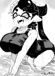 1girls ass black_hair breasts callie_(splatoon) female female_only hair hair_ornament inkling inkling_girl large_breasts long_hair looking_at_viewer nintendo open_mouth pointy_ears sassan solo solo_female solo_focus splatoon swimsuit tentacle_hair tongue water wet