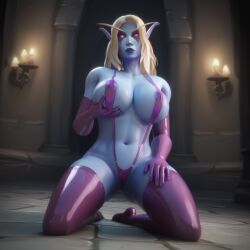 ai_generated big_breasts bimbo blood_elf elf elf_female latex latex_gloves looking_at_viewer pointy_ears sling_bikini stable_diffusion stockings sylvanas_windrunner undead warcraft world_of_warcraft