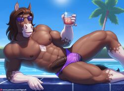 abs alcoholic_drink anthro_horse black_fur black_penis black_skin boner boner_out breasts bush diamond_(sigma_x) dick dick_out drinking_glass french_pose furry gay hair holding_glass horse horse_tail lying_on_side muscle_fur muscles muscular_anthro muscular_male palm_tree pecs penis porn_star posing purple_shades purple_speedo shades sigma_x sigmax smirking_at_viewer speedo swimming_pool tropical