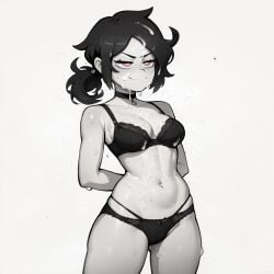 ai_generated ashley_graves black_bra black_hair black_panties black_underwear chocker cum_on_body cum_on_breasts cum_on_face smug smug_face smug_smile the_coffin_of_andy_and_leyley underwear