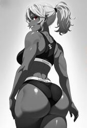 1girls ai_generated ass black_thong blonde_hair from_behind monochrome muscular muscular_female original ponytail red_eyes smile solo sports_bra sportswear tan tan_body tan_skin thong