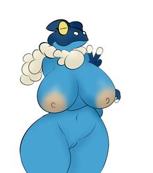 absurd_res amphibian anthro areola big_areola big_breasts breasts closed_eyes female frog_humanoid frogadier genitals hi_res navel nintendo nipples plantedpot pokémon_(species) pokemon pussy slim small_waist smile solo video_games wide_hips