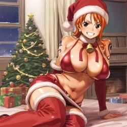 1girls ai_generated christmas christmas_bikini christmas_outfit female female_only karubi11291129 nami nami_(one_piece) one_piece santa_hat solo