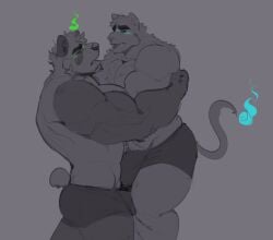 2022 absurd_res after_kiss alvin_(melaisen) anthro barazoku bear bernard_(melaisen) big_bulge blue_eyes blush bodily_fluids bulge carrying_another clothing demon digital_drawing_(artwork) digital_media_(artwork) duo felid giant_panda green_eyes grey_background grey_body hi_res hug male mammal melaisen muscular muscular_anthro muscular_male pantherine portrait saliva saliva_string simple_background spot_color three-quarter_portrait tongue tongue_out underwear