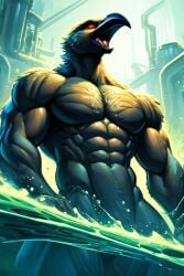 abs ai_generated anthro athletic athletic_anthro athletic_male avian beak biceps big_pecs bird corvid corvus_(genus) feathers forced forced_transformation green_water growth lake male muscle_growth muscular muscular_anthro muscular_male navel nude oscine passerine pecs raven ripped_muscles screaming solo transformation