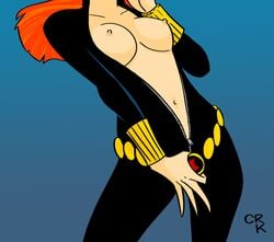 1girls avengers black_widow_(marvel) bodysuit breasts_out crk female female_only human human_only marvel marvel_comics natasha_romanoff red_hair solo solo_female tagme unseen_female_face unzipped unzipped_bodysuit