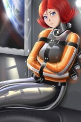 blue_eyes bondage bound collar female female_only femsub fully_clothed plasma-dragon png posture_collar red_hair shiny_clothes straitjacket