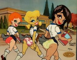 3girls blonde_hair blue_eyes books brown_eyes brown_hair catholic_school_girls fat_ass flaunting green_eyes heart_underwear high_socks john_k lipstick long_socks looking_back looking_back_at_viewer outside pink_panties red_hair ren_and_stimpy school school_uniform schoolgirl schoolgirl_uniform short_skirt smiling_at_viewer walking yellow_panties