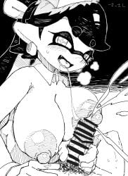 1boy 1girls breasts callie_(splatoon) cleavage cum detached_collar earrings ejaculation gloved_handjob gloves handjob inkling inkling_girl long_hair looking_at_viewer nintendo nipples open_mouth penis pointy_ears pubic_hair saliva sassan splatoon sweat tentacle_hair tongue