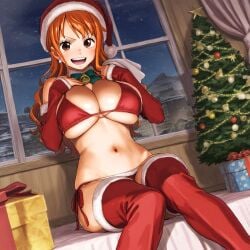 1girls ai_generated christmas christmas_bikini christmas_outfit female female_only karubi11291129 nami nami_(one_piece) one_piece santa_hat solo