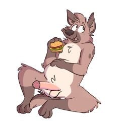 anthro balls barefoot black_nose brown_body brown_fur burger circumcised eating fast_food feet food fur genitals hair holding_food holding_object humanoid_genitalia humanoid_penis hyena low_res male mammal markings mushketeery mushy_(mushketeery) nude nude_anthro nude_male penis solo spots spotted_markings tan_body tan_fur text toony