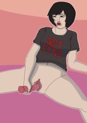 1girls beauty_mark dildo dildo_in_pussy dildo_insertion full_color masturbation original original_character pussy_juice pussy_juice_drip shaved_pussy shirt_only short_hair sole_female