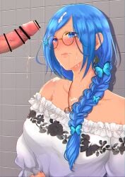 after_fellatio blue_eyes blue_hair braid braided_ponytail collarbone cum cum_in_mouth facial glasses indie_virtual_youtuber penis penis_awe tsukino_diana