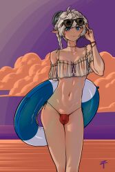 1boy alphinaud_leveilleur beach bulge crossdressing femboy final_fantasy male male_only nipples_visible_through_clothing revealing_clothes solo solo_male standing ztyoho