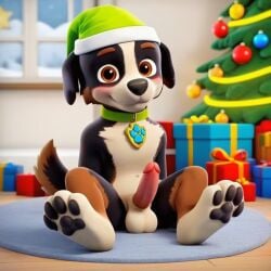 1boy ai_generated anthro balls bernese_mountain_dog brown_eyes christmas christmas_background christmas_decorations christmas_hat christmas_presents christmas_tree dog_collar luxeraora10 male male_only paw_patrol penis rex_(paw_patrol) solo_male tensor_art