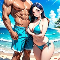 1boy 1boy1girl 1girls abdomen ai_generated beach biceps big_arms big_ass big_breasts big_male big_muscles black_hair blue_bikini blue_hair blue_swimsuit breasts curvy curvy_figure faceless_male female highres hugging imminent_sex light-skinned_female light-skinned_male long_hair male muscular muscular_male nature_background original original_characters pecs red_eyes sea size_difference smaller_female smile swimsuit taller_male thick_thighs thighs voluptuous voluptuous_female