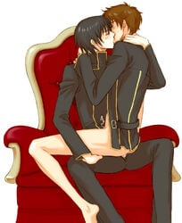 2boys anal code_geass cum lelouch_lamperouge male male_only multiple_boys multiple_males on_lap sitting suzaku_kururugi tagme throne yaoi