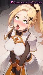 1girls ahe_gao ai_generated anime anime_style armor black_gloves blonde_hair blush bodysuit boobplate braid breastplate breasts bust busty clothing covered_nipples darkness_(konosuba) female female_focus female_only from_above gloves green_eyes hair_ornament heart hentai high_ponytail kono_subarashii_sekai_ni_shukufuku_wo! large_breasts long_hair looking_at_viewer looking_up medium_breasts natsuyoru open_mouth oral_invitation parted_bangs ponytail rolling_eyes saliva shoulder_armor solo solo_female tile_floor tiles tongue tongue_out voluptuous voluptuous_female x_hair_ornament