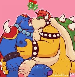 2boys a_link_to_the_past anthro big_penis bowser charmcharmcharm christmas domestic_pig duo frottage ganon gay genitals hi_res kiss_on_lips kissing koopa male male/male mammal mario_(series) mistletoe moob_grab moobs nintendo nude overweight overweight_male penile penis plant scalie sex suid suine sus_(pig) the_legend_of_zelda