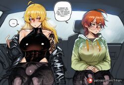 ... 2girls ahoge ai_generated arm_tattoo averting_eyes bare_shoulders black_leotard black_pants blonde_hair blush body_freckles breasts bulge car_interior collarbone drawstring english_text freckles futanari glasses green_eyes green_hoodie highleg_leotard hood hoodie jacket large_breasts leather leotard long_hair multiple_girls off_shoulder orange_hair original original_character pants patreon_username rain red_eyes rwby short_hair shoulder_tattoo sitting speech_bubble spoken_ellipsis sweat tattoo thick_thighs tillian tilly_(tillian) web_address wet wet_clothes yang_xiao_long