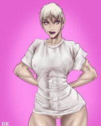 1futa balls bulge dk_(artist) erection_under_clothes front_view futanari half_nude hands_behind_back highres looking_to_the_side meryl_(dmitrys) muscular sketch solo t-shirt