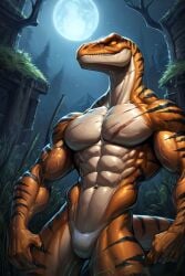 abs ai_generated anthro athletic athletic_anthro athletic_male biceps claws deltoids dinosaur dromaeosaurid feathered_crest feathers featureless_crotch full_moon grass head_crest jurassic_park male moon muscular muscular_anthro muscular_male neck_muscles night nude orange_body orange_eyes outdoor_nudity pecs plant reptile ripped_muscles scalie scar solo striped_body stripes teeth theropod triceps veiny_biceps veiny_muscles velociraptor