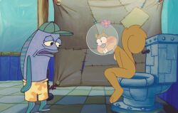 bathroom blush brown_body buckteeth caught embarrassed fish helmet naked nickelodeon parody sandy_cheeks shocked solo spanky15 spongebob_squarepants squirrel toilet