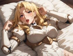 ai_generated armored_female blonde_female blonde_hair blush blushing_at_viewer blushing_female blushing_profusely bozes_co_palesti breathing_heavily drill_hair female_knight gate_-_jieitai_ka_no_chi_nite_kaku_tatakaeri long_hair lying_on_back lying_on_bed matronai_(artist) medium_breasts panting ready_for_sex ready_to_fuck red_lipstick