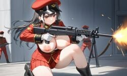 1girls 2boys ai_generated assault_rifle black_hair breasts breasts_out ching_shih_(kosine1777) firing_weapon gloves gun hat kosine1777 kosineverse large_breasts long_hair military military_uniform nipples on_one_knee original original_character red_clothing rifle skirt