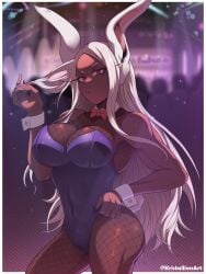 1girls biceps boku_no_hero_academia breasts dark-skinned_female dark_skin female fishnets kristallion large_breasts leotard long_hair looking_at_viewer mesh mirko miruko muscular muscular_female my_hero_academia nightclub playboy_bunny rabbit rabbit_ears rabbit_girl rabbit_tail red_eyes rumi_usagiyama solo solo_female solo_focus thighs white_hair