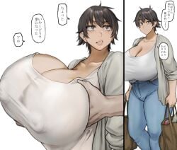 1girls 2koma aunt_and_nephew bag breast_grab breasts brown_eyes brown_hair cleavage clothed clothed_female comic dialogue female_focus gigantic_breasts grabbing grabbing_breasts grabbing_from_behind groping groping_breasts groping_from_behind japanese_text mature mature_female milf nipple_bulge no_bra no_bra_under_clothes original pants pepe_(jonasan) shirt shopping_bag short-haired_aunt_(pepe_(jonasan)) speech_bubble standing text translated white_shirt