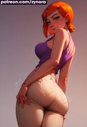 ai_generated ass_focus ben_10 big_ass big_breasts blush cleavage dress exposed_breasts gwen_tennyson gwen_tennyson_(classic) looking_at_viewer medium_breasts orange_hair pose ryuuziken01 short_hair shy warm_colors