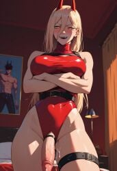 ai_generated belt blonde_hair cock_ring crossed_arms dark_cultist demon_futa demon_horns dickgirl fangs futa_only futanari hair_between_eyes indoors inside leotard long_hair narrow_waist partially_clothed penis penis_out power_(chainsaw_man) red_leotard self_upload sharp_teeth smile solo solo_futa standing thigh_belt