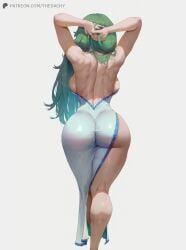 1girls ai_generated ass ass_focus back_view backsack breasts cutesexyrobutts_(style) dress female female_focus female_only fit fit_female full_body green_hair hands_behind_head hi_res high_resolution highres large_ass large_boobs large_breasts legs long_hair looking_at_viewer muscular red_eyes sanae_kochiya sideboob simple_background sitting tagme thedachy touhou