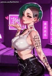 1girl 2026 ai_generated anime arm_tattoo asymmetrical_hair bed black_pants blush boobs breasts brown_eyes cd_projekt_red cleavage covered_nipples crop_top crossover cyberpunk_2077 eye_contact female female_focus flushed green_hair heart heart-shaped_pupils highres huge_breasts indoors inside judy_alvarez large_breasts lips looking_at_viewer multicolored_hair neck_tattoo nsfw on_bed pants patreon pink_hair rognezart short_hair shoulder_tattoo smile smiling solo suspenders symbol-shaped_pupils tank_top tattoo tied_shirt undercut