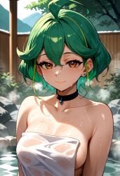 1girls ai_generated collar female female_focus green_hair hi_res looking_at_viewer orange_eyes rin_(yu-gi-oh!_arc-v) seductive sephiaton955 short_hair shower smile solo sweatdrop teenager towel yu-gi-oh! yu-gi-oh!_arc-v