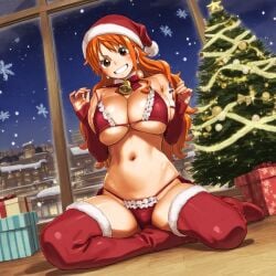 1girls ai_generated christmas christmas_bikini christmas_outfit female female_only karubi11291129 nami nami_(one_piece) one_piece santa_hat solo