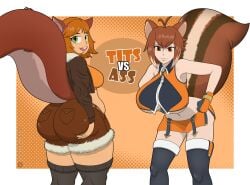 2d 2girls ass_grab belly belly_button bent_forward big_ass big_breasts big_butt blazblue brown_eyes brown_hair doreen_green fully_clothed gloves green_eyes huge_breasts makoto_nanaya marvel marvel_comics marvel_rivals seductive_look snakebd squirrel squirrel_ears squirrel_girl squirrel_girl_(marvel) squirrel_girl_(marvel_rivals) squirrel_tail thick_ass thick_thighs underboob versus vs