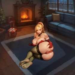 1girls ai_generated anus arm_gloves big_ass blonde_hair chimney choker christmas_outfit christmas_tree feet gift_box green_eyes green_thighhighs jama42 large_breasts leotard mrs._claus night pussy red_gloves sagging_breasts santa_costume see-through see-through_panties skindentation soles thick_thighs thighhighs