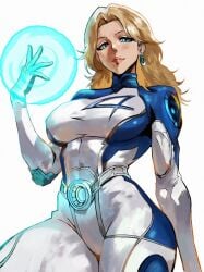 belt bion_(insomn_bion) blonde_hair bodysuit breasts earrings female female_focus highres hoop_earrings invisible_woman invisible_woman_(marvel_rivals) jewelry large_breasts marvel marvel_rivals milf simple_background sue_storm thick_thighs thighs white_background white_bodysuit