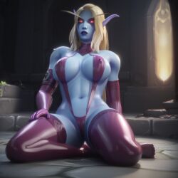 ai_generated big_breasts bimbo blood_elf elf elf_female latex latex_gloves looking_at_viewer pointy_ears sling_bikini stable_diffusion stockings sylvanas_windrunner undead warcraft world_of_warcraft