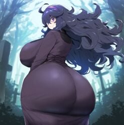 ai_generated artist_request back_view backboob bare_thighs big_ass big_butt cemetery crazy_girl fat_ass game_freak gigantic_ass gigantic_breasts hairband hex_maniac huge_breasts huge_thighs light-skinned_female light_skin long_dress long_hair looking_back massive_ass massive_breasts nintendo pokemon pokemon_xy purple_eyes purple_hair smiling solo_female squatting sweat sweatdrop thick_body thick_female thick_thighs thighs very_long_hair voluptuous voluptuous_female